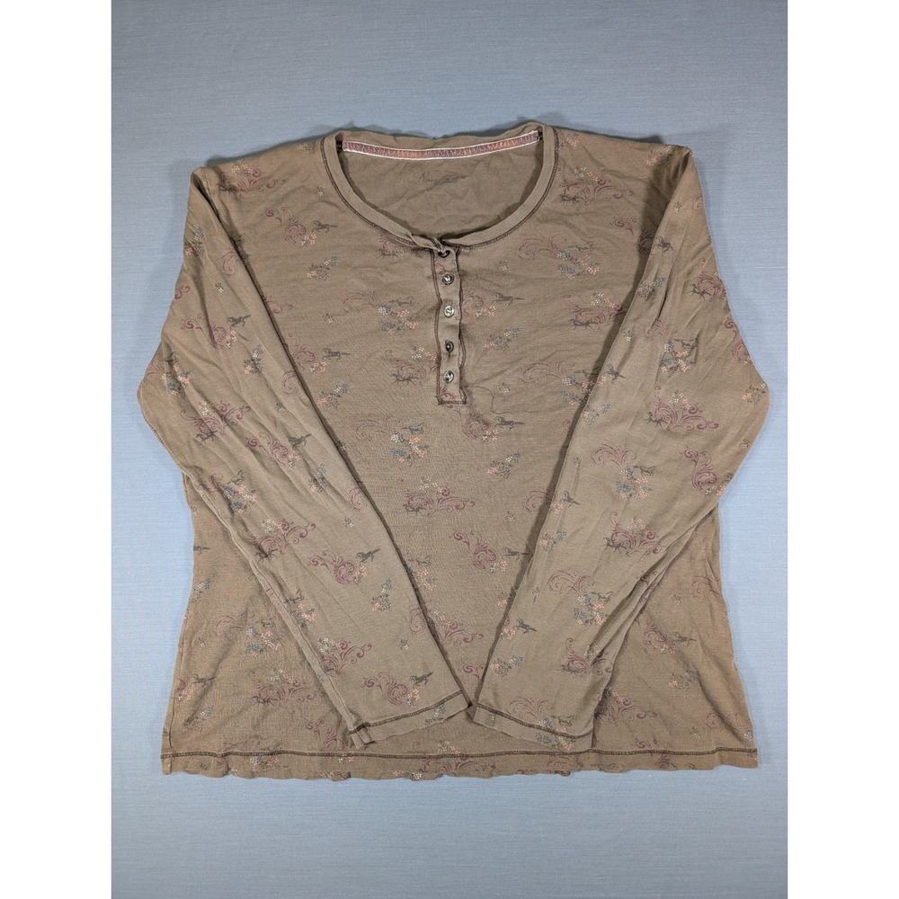 Womens Brown Equestrian Floral Henley Long Sleeve Top Horse Print 2620014